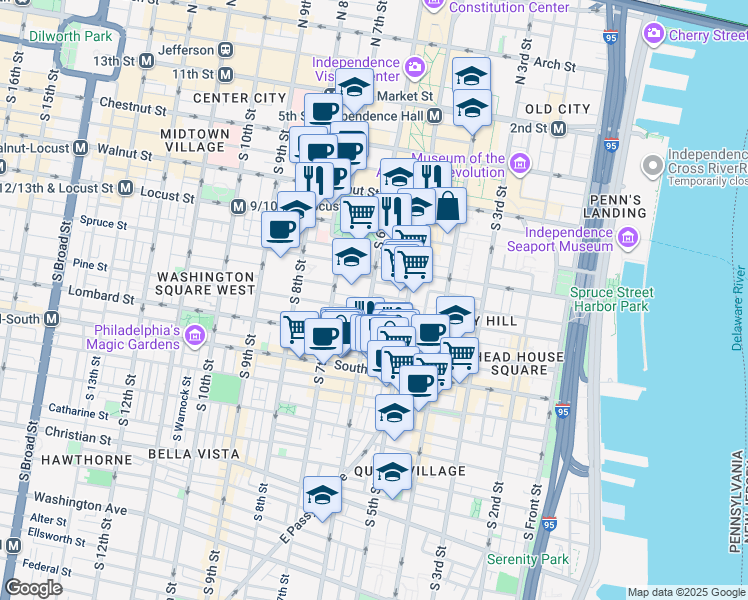 map of restaurants, bars, coffee shops, grocery stores, and more near 333 South 6th Street in Philadelphia