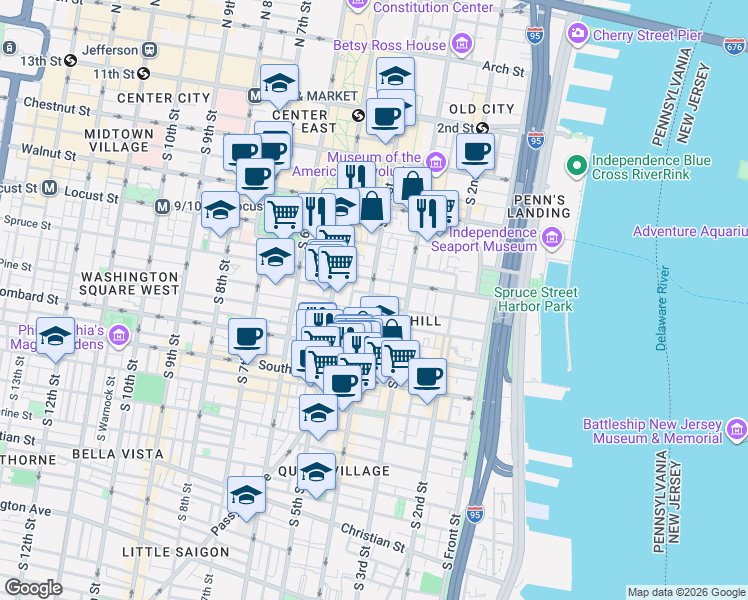 map of restaurants, bars, coffee shops, grocery stores, and more near 321 South 4th Street in Philadelphia