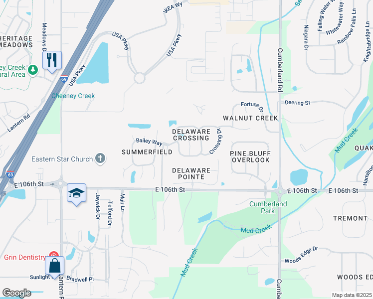 map of restaurants, bars, coffee shops, grocery stores, and more near 10785 Bay Lane in Fishers