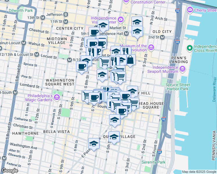 map of restaurants, bars, coffee shops, grocery stores, and more near 333 South 6th Street in Philadelphia