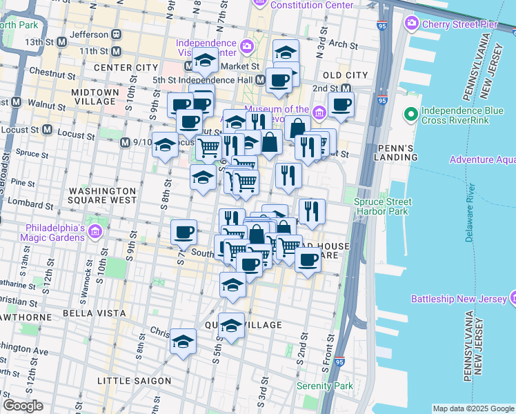 map of restaurants, bars, coffee shops, grocery stores, and more near 323 Lawrence Court in Philadelphia