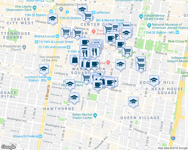 map of restaurants, bars, coffee shops, grocery stores, and more near 918 Waverly Street in Philadelphia