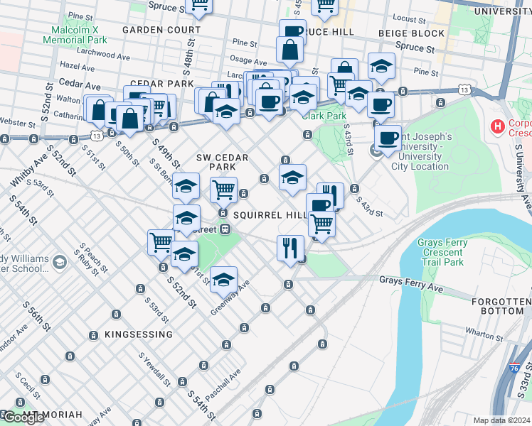 map of restaurants, bars, coffee shops, grocery stores, and more near 4723 Kingsessing Avenue in Philadelphia