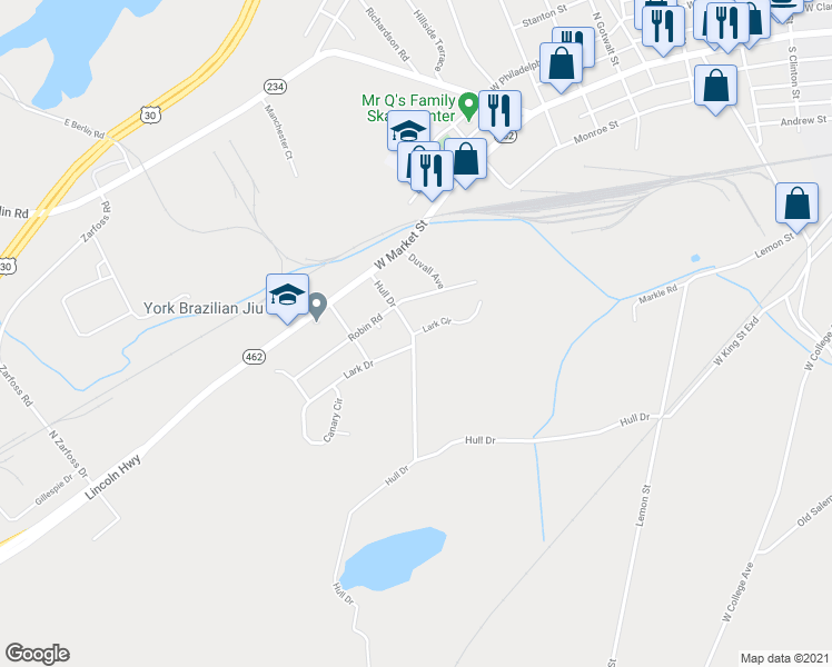 map of restaurants, bars, coffee shops, grocery stores, and more near 4 Lark Circle in York