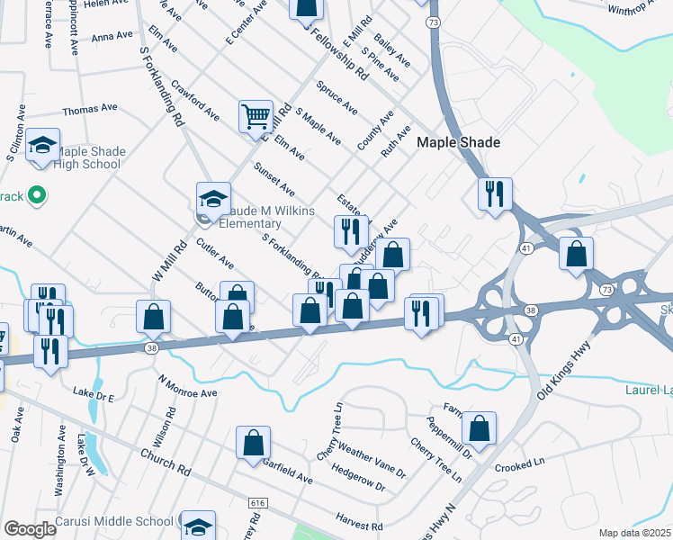 map of restaurants, bars, coffee shops, grocery stores, and more near 645 South Forklanding Road in Maple Shade