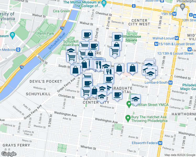 map of restaurants, bars, coffee shops, grocery stores, and more near 628 S 21st St in Philadelphia