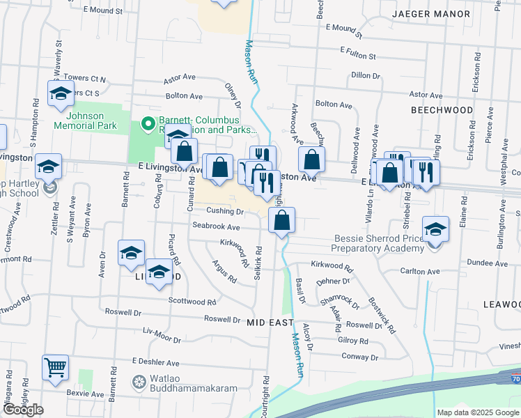 map of restaurants, bars, coffee shops, grocery stores, and more near 3640 Cushing Drive in Columbus