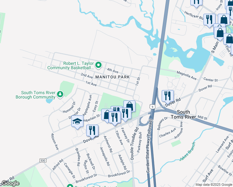 map of restaurants, bars, coffee shops, grocery stores, and more near 62 1st Avenue in Toms River
