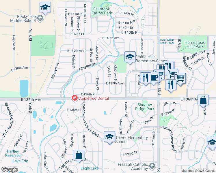 map of restaurants, bars, coffee shops, grocery stores, and more near 13710 Cook Street in Thornton