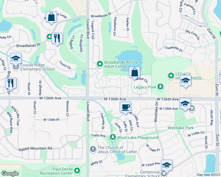 map of restaurants, bars, coffee shops, grocery stores, and more near 13767 Stone Circle in Broomfield