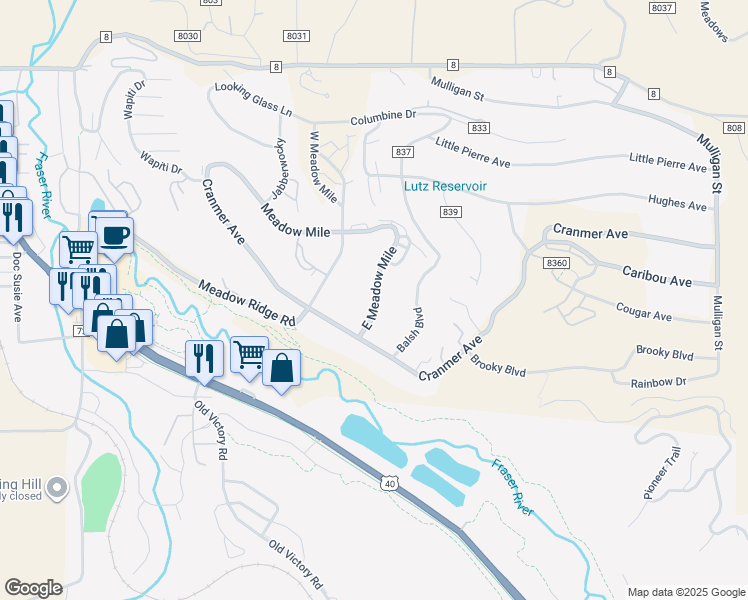 map of restaurants, bars, coffee shops, grocery stores, and more near 56 East Meadow Mile in Fraser