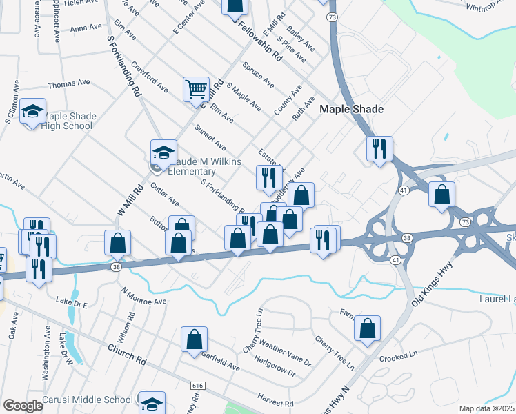 map of restaurants, bars, coffee shops, grocery stores, and more near 645 South Forklanding Road in Maple Shade