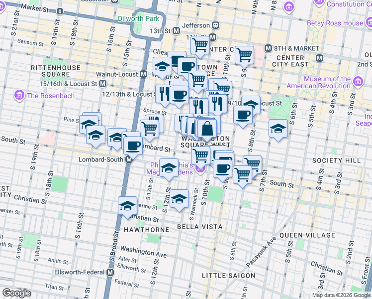 map of restaurants, bars, coffee shops, grocery stores, and more near in Philadelphia