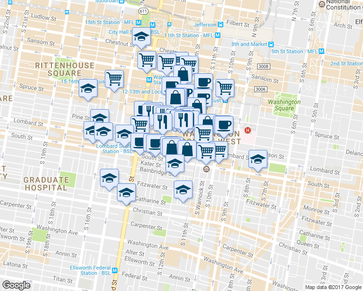 map of restaurants, bars, coffee shops, grocery stores, and more near 1214 Pine Street in Philadelphia