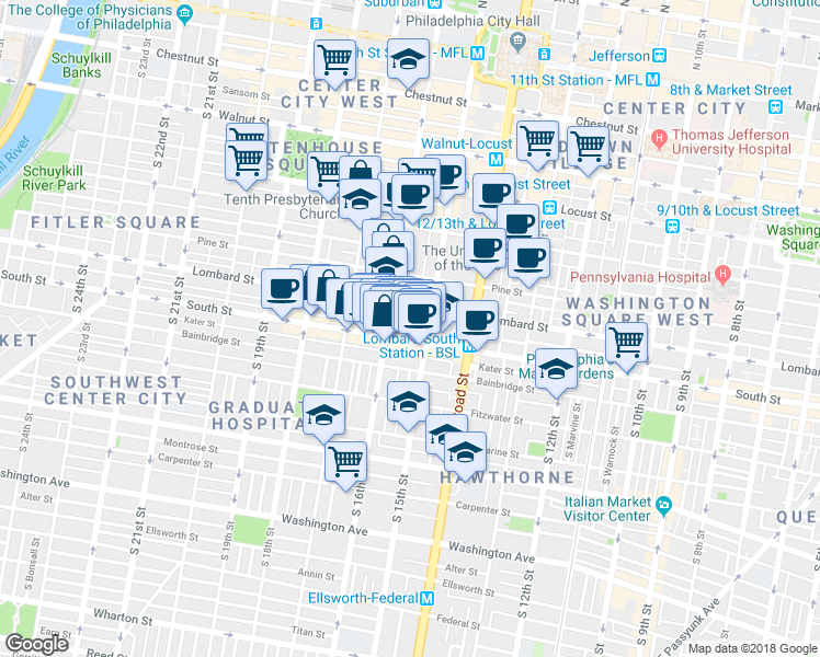 map of restaurants, bars, coffee shops, grocery stores, and more near 1523 Lombard Street in Philadelphia