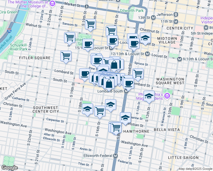 map of restaurants, bars, coffee shops, grocery stores, and more near 1523 Lombard Street in Philadelphia