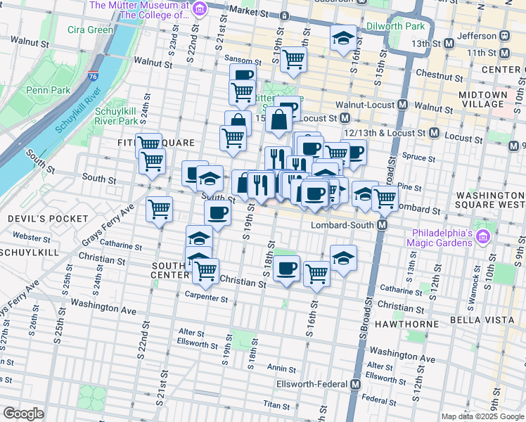 map of restaurants, bars, coffee shops, grocery stores, and more near 1800 Lombard Street in Philadelphia