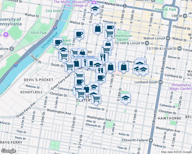map of restaurants, bars, coffee shops, grocery stores, and more near 2112 South Street in Philadelphia