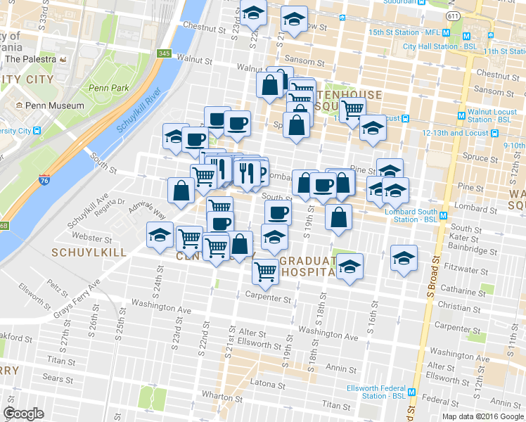 map of restaurants, bars, coffee shops, grocery stores, and more near 2112 South Street in Philadelphia