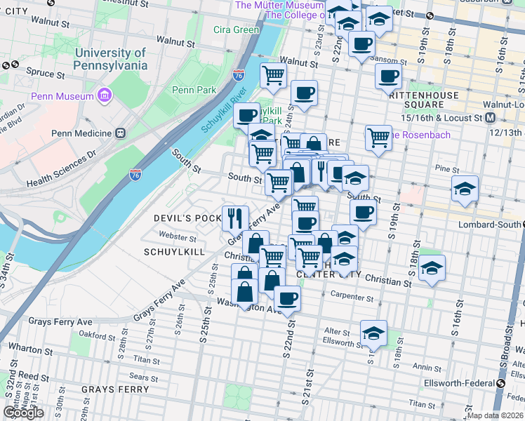 map of restaurants, bars, coffee shops, grocery stores, and more near 2401 Bainbridge Street in Philadelphia