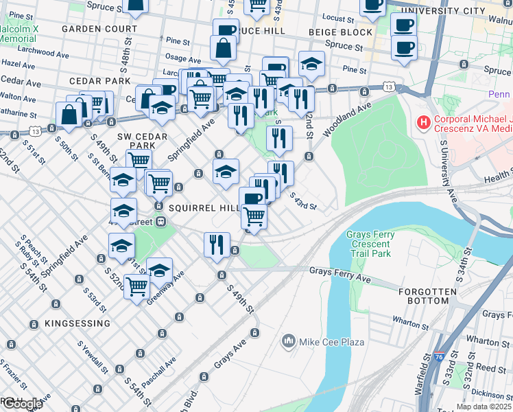 map of restaurants, bars, coffee shops, grocery stores, and more near 1251 South 46th Street in Philadelphia