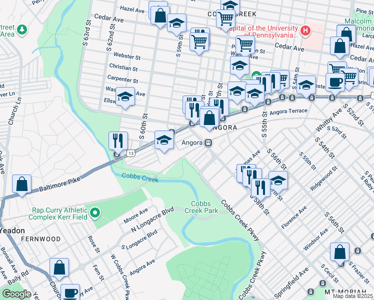 map of restaurants, bars, coffee shops, grocery stores, and more near 5810 Cedarhurst Street in Philadelphia