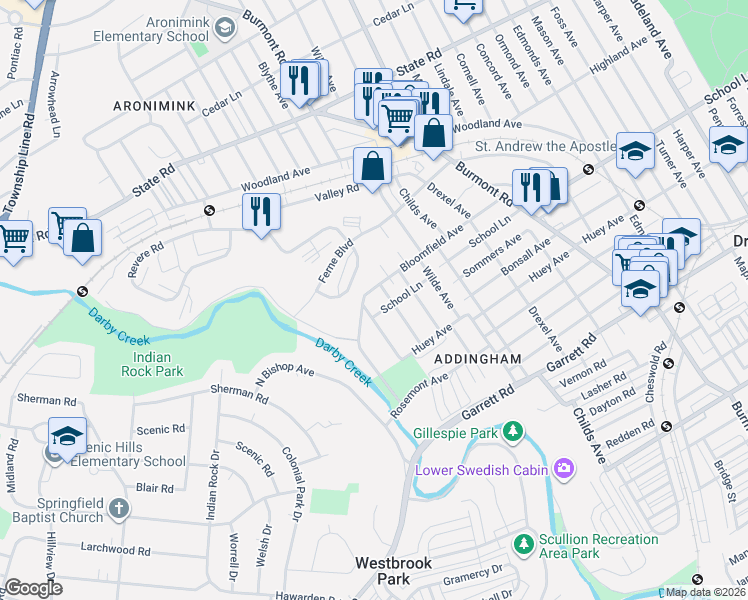 map of restaurants, bars, coffee shops, grocery stores, and more near 2 Bloomfield Avenue in Drexel Hill