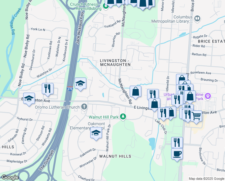 map of restaurants, bars, coffee shops, grocery stores, and more near 5942 Little Brook Way in Columbus