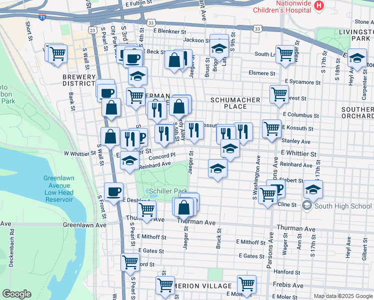 map of restaurants, bars, coffee shops, grocery stores, and more near 247 Lansing Street in Columbus