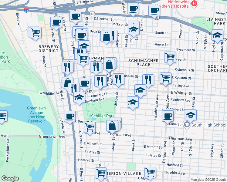 map of restaurants, bars, coffee shops, grocery stores, and more near 247 Lansing Street in Columbus
