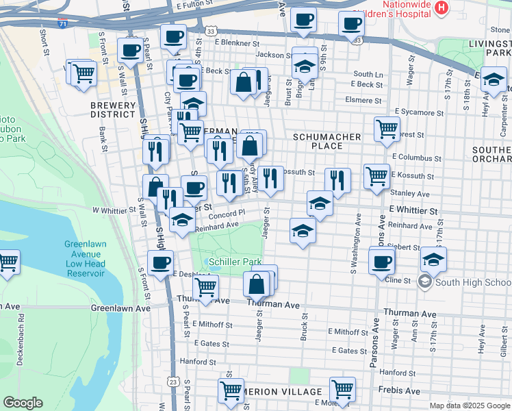 map of restaurants, bars, coffee shops, grocery stores, and more near 247 Lansing Street in Columbus