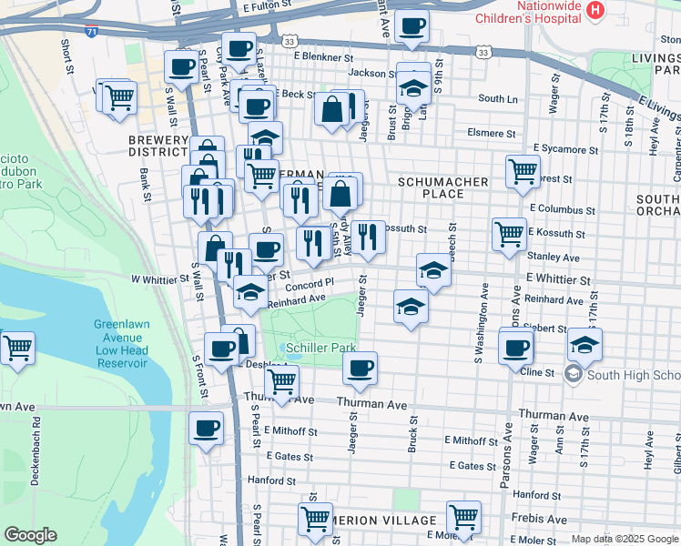 map of restaurants, bars, coffee shops, grocery stores, and more near 865 Macon Alley in Columbus