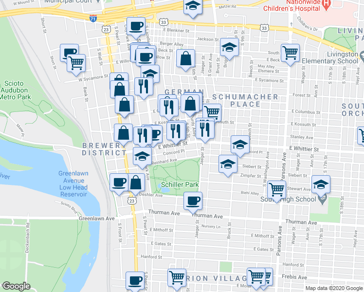 map of restaurants, bars, coffee shops, grocery stores, and more near 865 Macon Alley in Columbus
