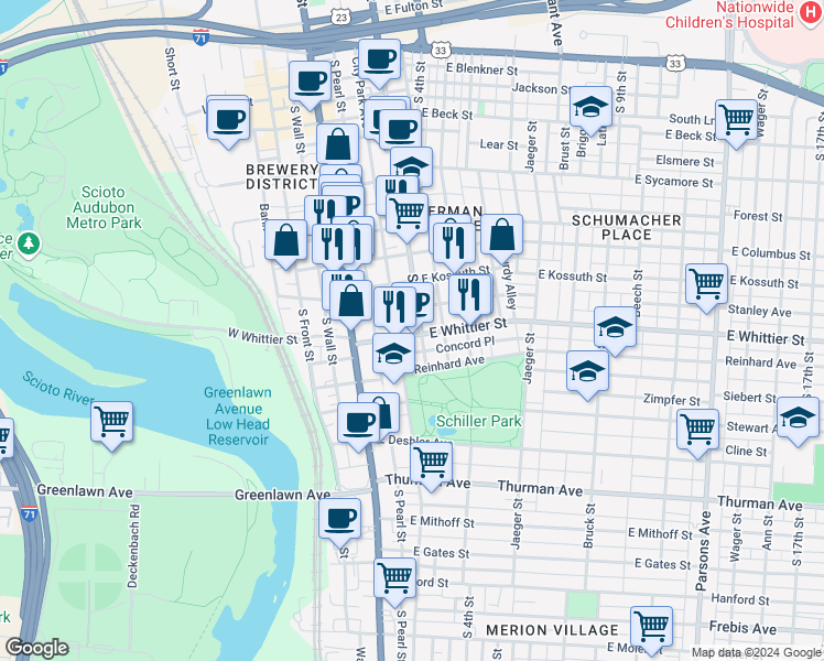 map of restaurants, bars, coffee shops, grocery stores, and more near 849 South 3rd Street in Columbus
