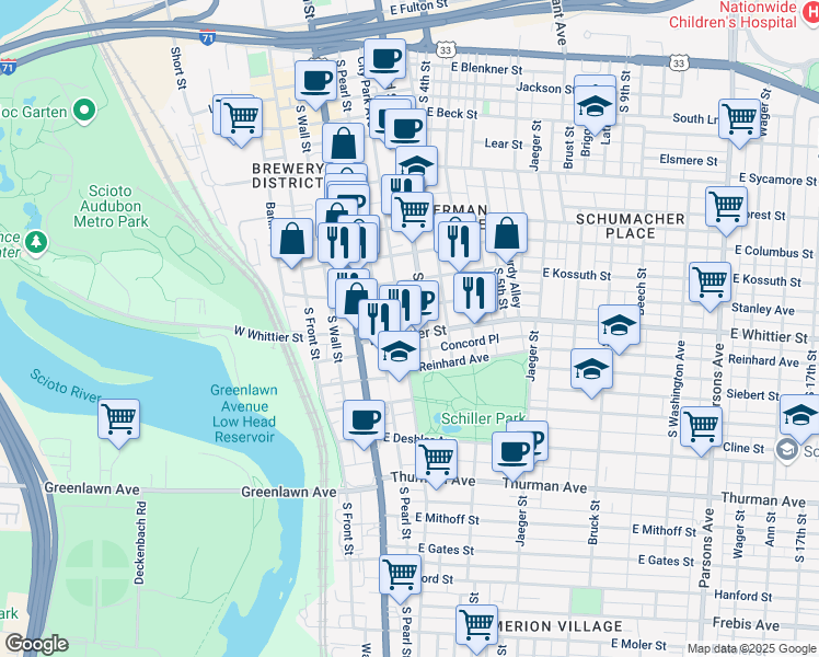 map of restaurants, bars, coffee shops, grocery stores, and more near 849 South 3rd Street in Columbus