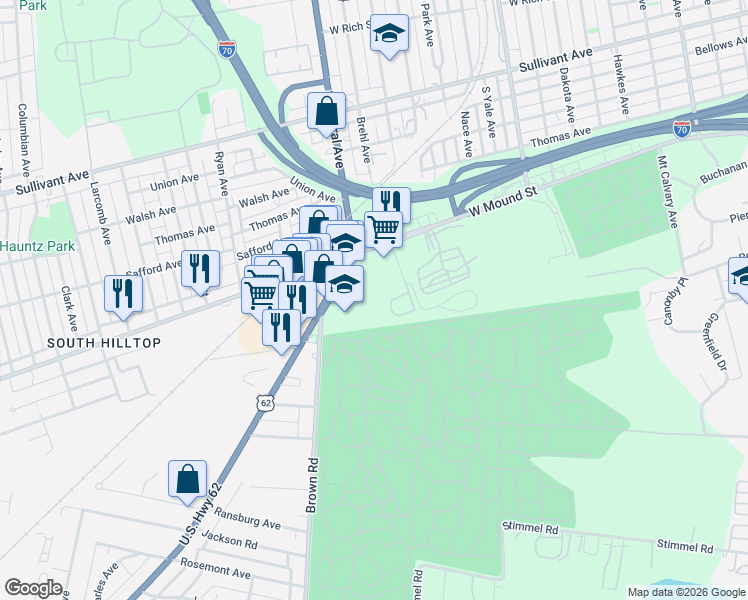map of restaurants, bars, coffee shops, grocery stores, and more near 616 U.S. 62 in Columbus