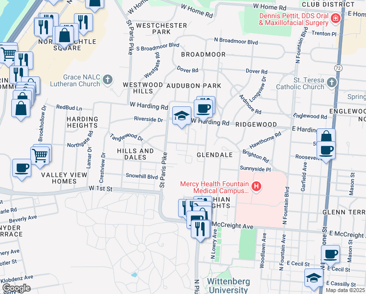 map of restaurants, bars, coffee shops, grocery stores, and more near 1600 Saint Paris Pike in Springfield