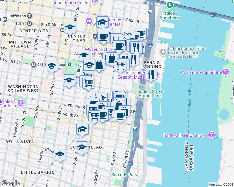 map of restaurants, bars, coffee shops, grocery stores, and more near 309 South American Street in Philadelphia