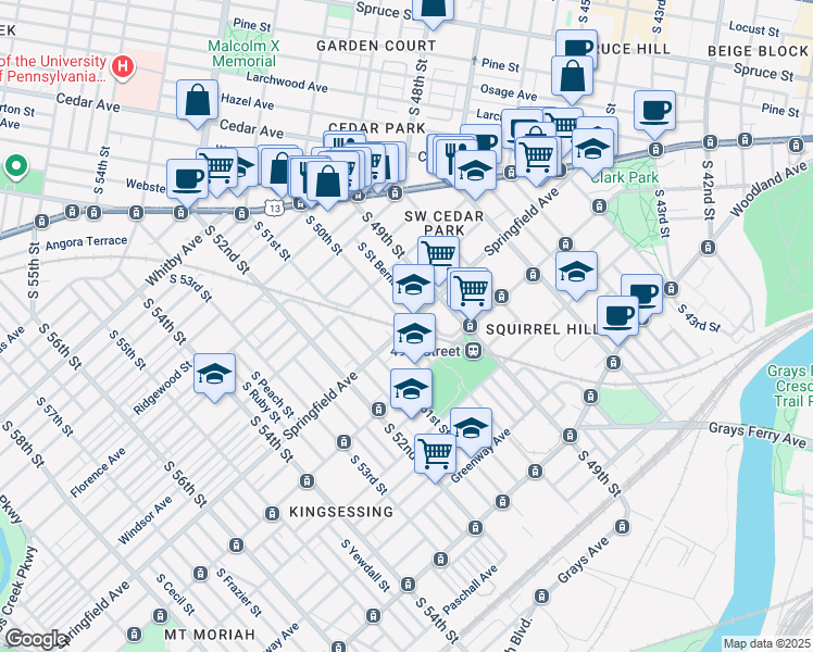 map of restaurants, bars, coffee shops, grocery stores, and more near Springfield Ave & S 50th St in Philadelphia