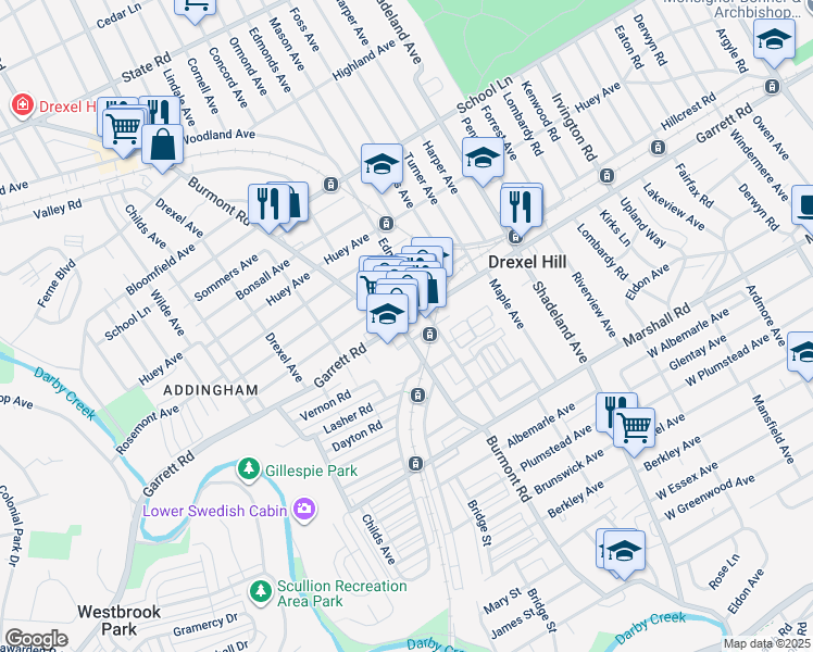 map of restaurants, bars, coffee shops, grocery stores, and more near 3726 Garrett Road in Drexel Hill