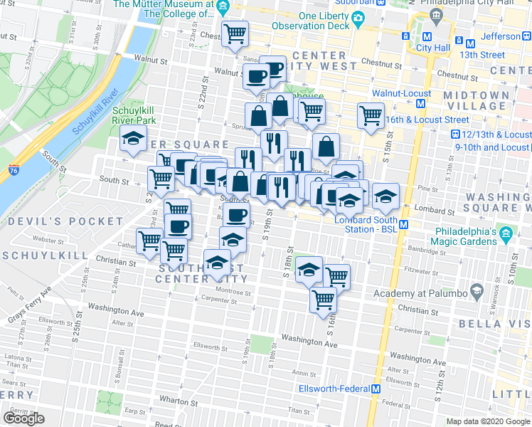 map of restaurants, bars, coffee shops, grocery stores, and more near 1903 Kater Street in Philadelphia