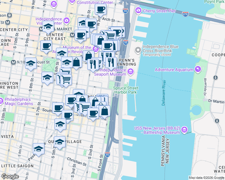 map of restaurants, bars, coffee shops, grocery stores, and more near 3 Spruce Street in Philadelphia