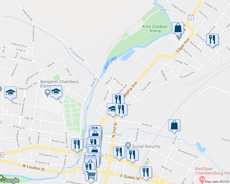 map of restaurants, bars, coffee shops, grocery stores, and more near 575 Poplar Avenue in Chambersburg