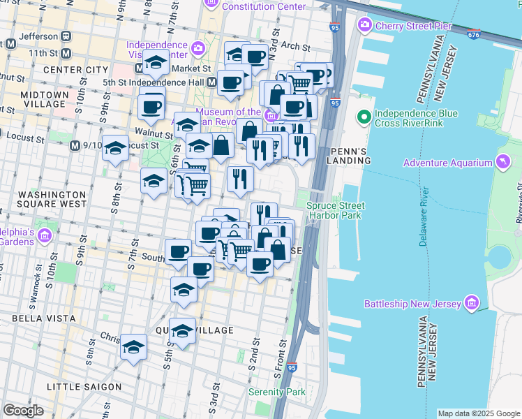 map of restaurants, bars, coffee shops, grocery stores, and more near 309 South American Street in Philadelphia