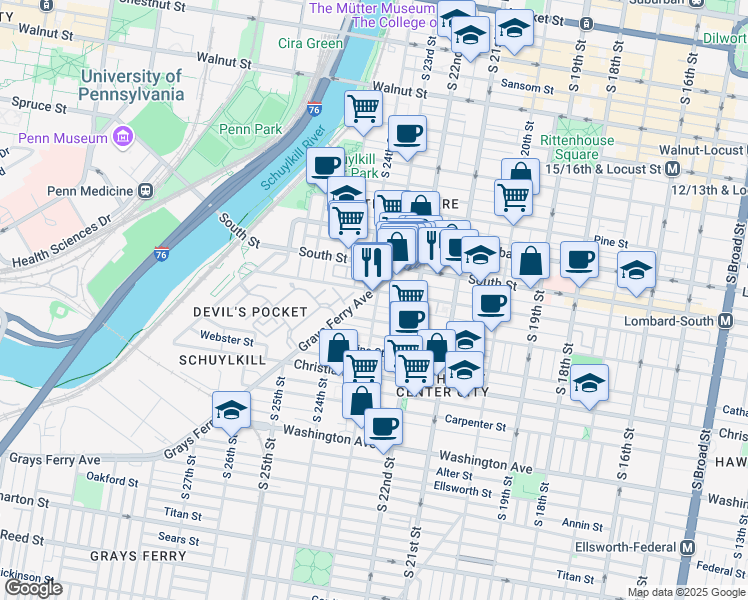 map of restaurants, bars, coffee shops, grocery stores, and more near 702 South 23rd Street in Philadelphia