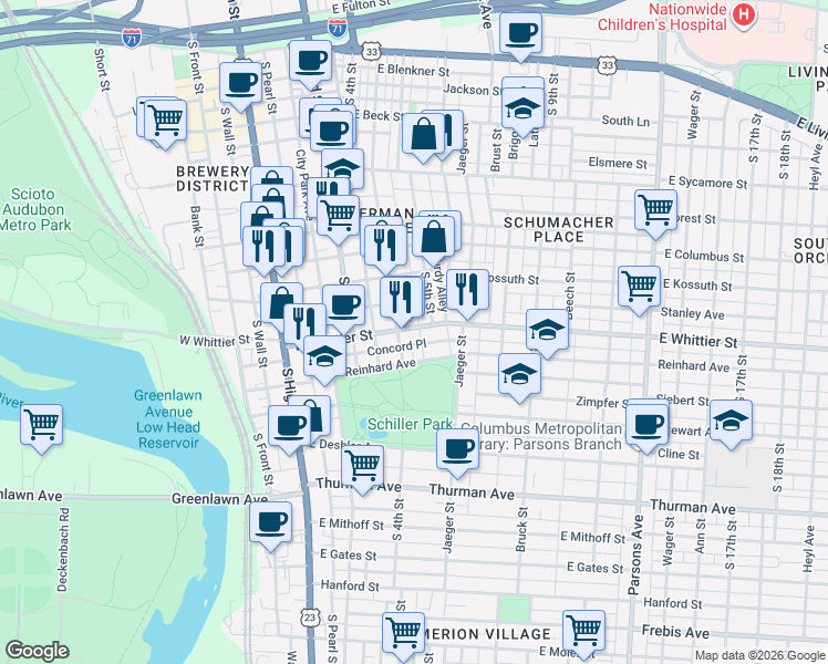 map of restaurants, bars, coffee shops, grocery stores, and more near 865 Macon Alley in Columbus