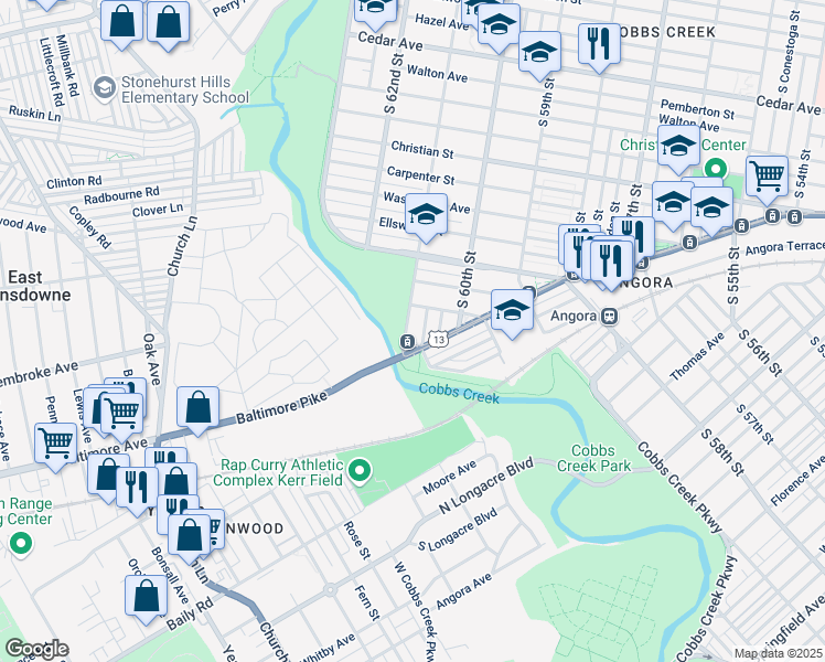 map of restaurants, bars, coffee shops, grocery stores, and more near 1231 South 61st Street in Philadelphia