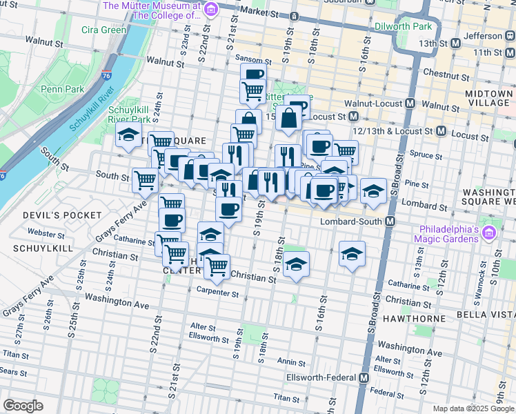 map of restaurants, bars, coffee shops, grocery stores, and more near 1903 Kater Street in Philadelphia
