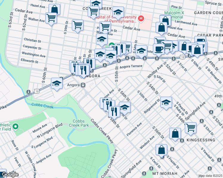 map of restaurants, bars, coffee shops, grocery stores, and more near 876R South 55th Street in Philadelphia