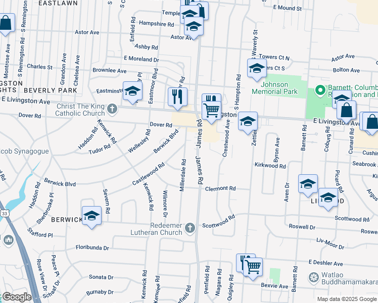 map of restaurants, bars, coffee shops, grocery stores, and more near 1263 South James Road in Columbus
